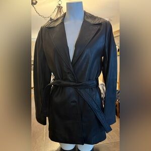 Women's Black Leather Belted Jacket
